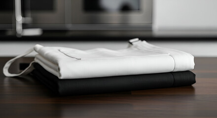 Elegant arrangement of neatly folded white and black cloths on a modern kitchen table, highlighting minimalistic design and a sophisticated atmosphere.