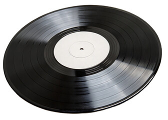 Obraz premium Black vinyl record with a white label, a classic music medium for listening to albums and singles, perfect for audiophiles and collectors
