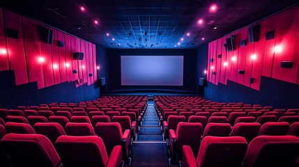 Fototapeta premium Empty movie theater with red seats and large screen illuminated by soft lights.