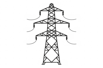 Electricity pylon delivering power through cables on transparent background