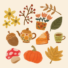 Hand Drawn Watercolor Autumn Fall Vector Clipart Set