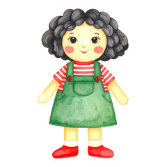 Fototapeta premium A cheerful watercolor illustration of a handmade rag doll with dark curly hair, wearing a green dress and red shoes.