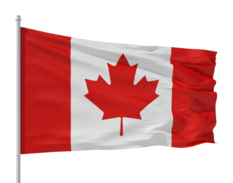 Canadian flag waving in the breeze outdoor setting national symbol vibrant colors for cultural representation. Cut out png