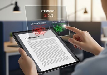 Analyzing readability of text on a tablet with AI highlighting complex sentences and simpler alternatives for optimized content and improved user experience