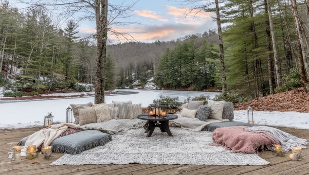 Cozy winter picnic by a frozen lake - Powered by Adobe