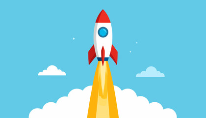 Colorful illustration of a rocket taking off into a blue sky, symbolizing successful business launch, rapid growth, startup concept, and future aspirations.