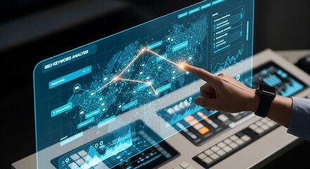 Analyzing SEO keyword strategy and content planning on digital touchscreen for business data analytics, marketing optimization and future innovation.