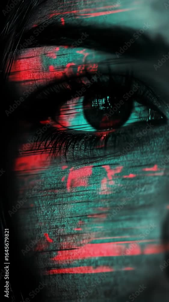 Poster Abstract visual sequence of eyes, overlaid with teal and red textures, creating a hypnotic, fragmented effect symbolizing identity, perception, and digital distortion