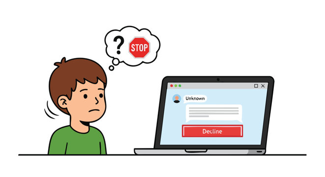 Confused boy thinking about stranger danger online from a suspicious message.