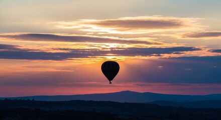 Solitary Balloon Silhouette Drifting Through a Vibrant Sunrise Over Mountains