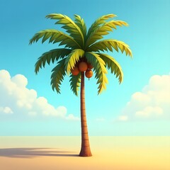 Single tall palm tree standing proudly on a sandy beach under a bright blue sky