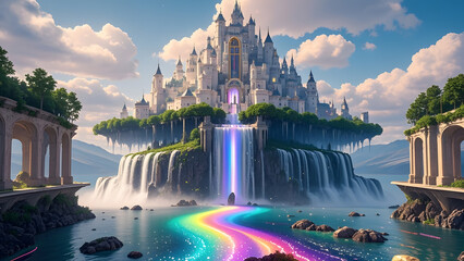 Floating Castle with Rainbow Waterfall