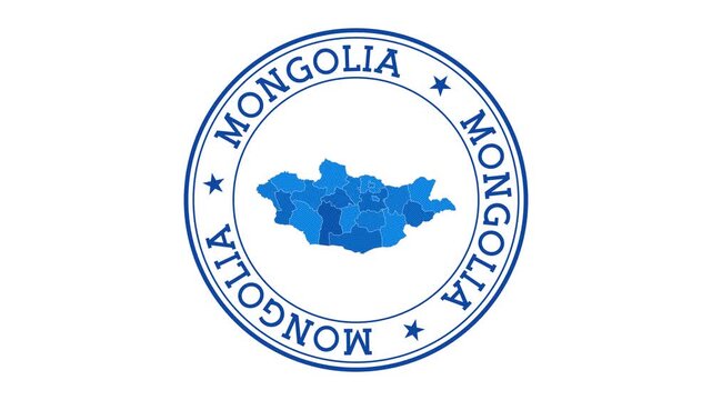 Mongolia intro. Badge with the circular name and map of country. Mongolia round logo animation.