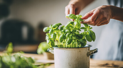 Harvesting fresh basil for cooking with homegrown ingredients brings sense of satisfaction and flavor to meals