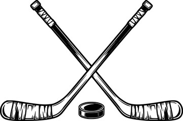 Crossed Hockey Sticks and Puck - Vector Outline Illustration
