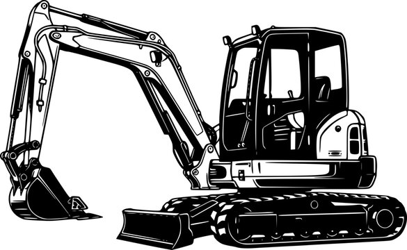 Black and White Vector Illustration of a Mini Excavator
