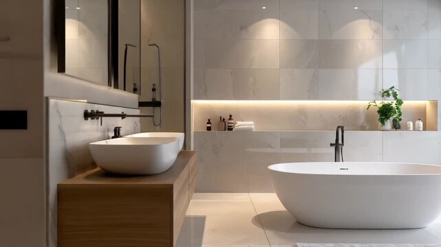 Modern bathroom featuring a freestanding tub, floating wood vanity with vessel sinks, & tiled walls with ambient lighting and plants