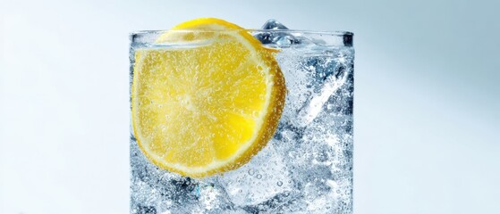 The Lemon Slice in Ice Glass of Refreshing Water Under Bright Studio Light