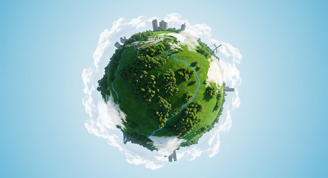 Green Earth Planet with Lush Forest and City Skyline on Bright Sky
