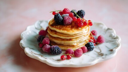 Healthy Berry Pancakes Marble Plate Against Pastel Peach Background