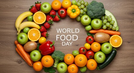Colorful assortment of fresh fruits and vegetables arranged in a circle, World Food Day concept, top view, vibrant colors
