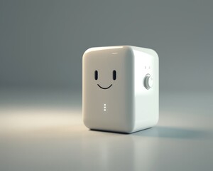  White Cube with a Smiling Face and Control Dial Displayed on a Gray Surface
