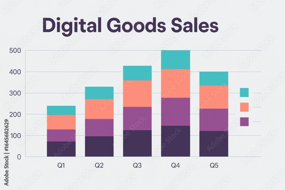Poster bar chart illustrating digital goods sales data for quarters q1 to q5 with colorful segmentation