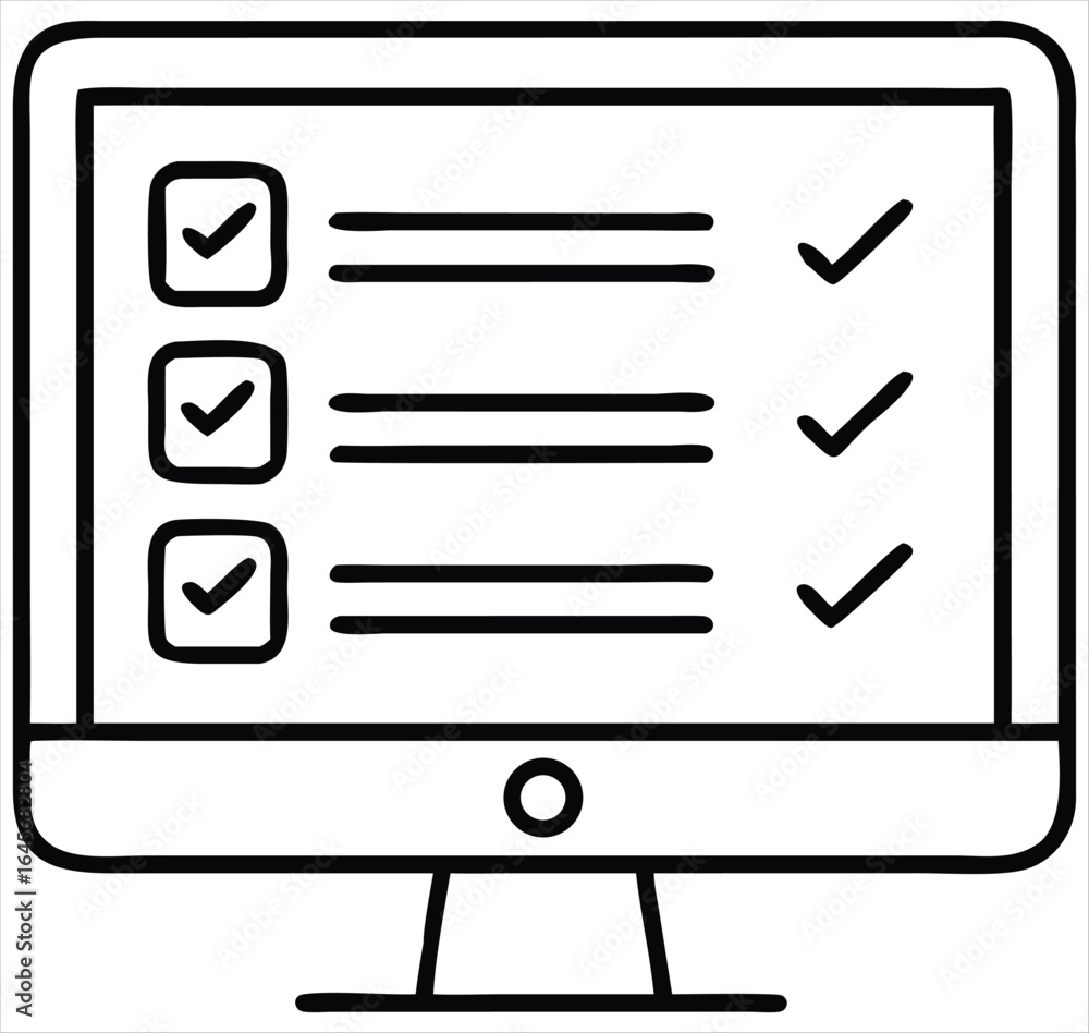 Poster a simple line art illustration of a computer monitor displaying a checklist with three completed tas