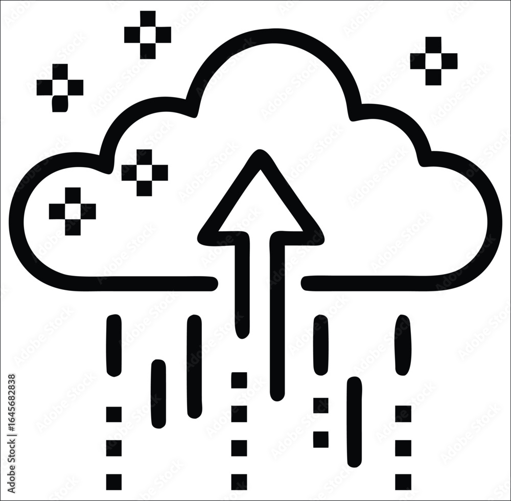 Poster digital cloud computing icon with upward arrow and data streams representing upload transfer and net
