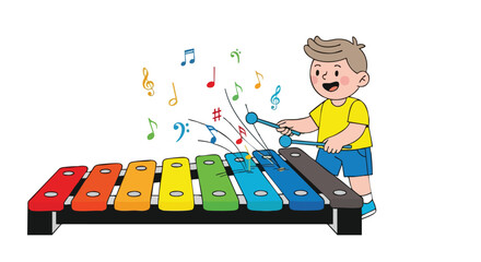 Cute cartoon boy playing a colorful xylophone with musical notes.