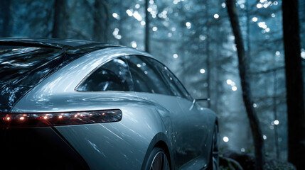 Luxury Electric Car in Lush Forest – Futuristic Nature Concept