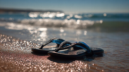 Colorful flip flops resting on sandy beach near the ocean under a bright sunny sky