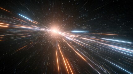 Obraz premium Dynamic cosmic light burst in deep space, interstellar speed effect for space travel ads, science research presentations, futuristic digital backgrounds