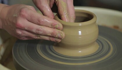 Close-up of a potter's hands expertly shaping a rounded clay bowl on a pottery wheel, a focused moment of creation and craftsmanship in a messy studio environment