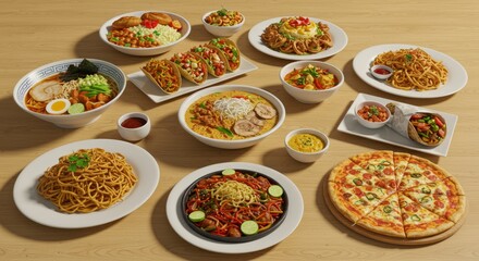 Diverse international dishes from around the world on a wooden table, global food culture, World Food Day