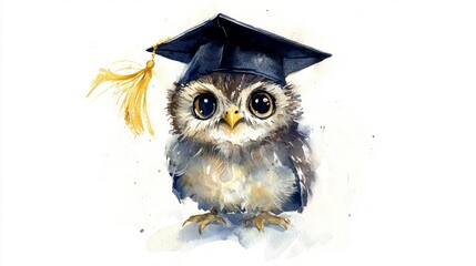 Fototapeta premium Watercolor Painting of an Owl Wearing a Graduation Cap and Tassel