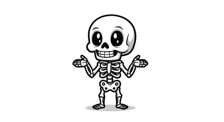 Cartoon skeleton with big eyes and a friendly smile, shrugging with open palms.