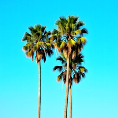 Three tall palm trees against a bright clear blue sky
