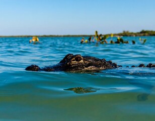 Fototapeta premium Croc's head emerging from water. Clear shallows