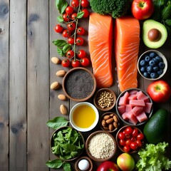 Healthy food assortment with salmon avocado berries and vegetables on rustic wood