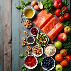 Fresh salmon fillets with assorted fruits vegetables nuts and olive oil