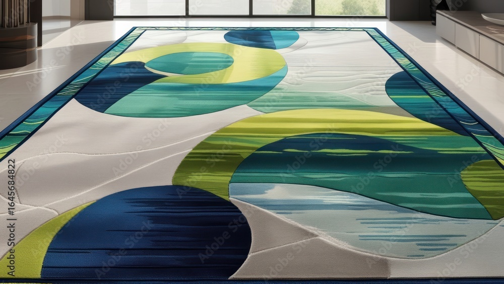 Poster abstract rug design with circles and flowing lines.