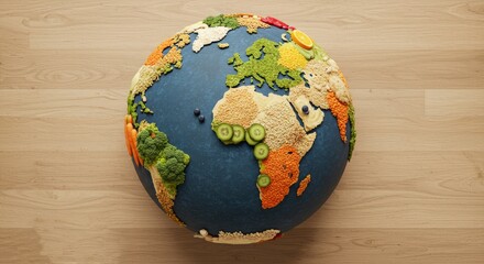 Globe made of various foods including fruits, vegetables, grains, World Food Day theme, creative flat lay