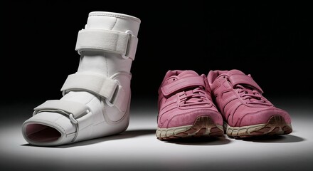 Medical ankle brace next to pink athletic shoes on dark background