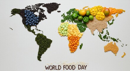 Globe made of various foods including fruits, vegetables, grains, World Food Day theme, creative flat lay