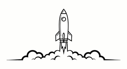 Obraz premium Stylized black line art of a retro rocket launching with a powerful exhaust plume and smoke clouds.