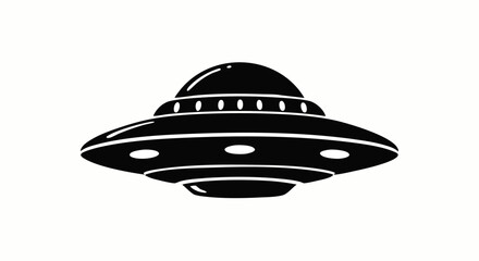 Stylized black silhouette of a classic flying saucer with a domed cockpit and round portholes.