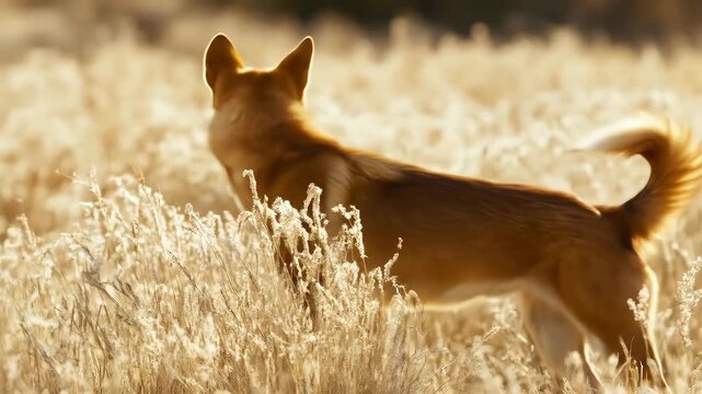 A majestic dingo pauses, alert, in a sunlit field of golden grass, its wild nature shining through as it surveys the landscape. This wild dog exemplifies outback survival.
