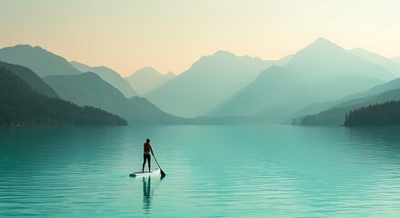 Person paddleboarding on a serene turquoise lake with mountains