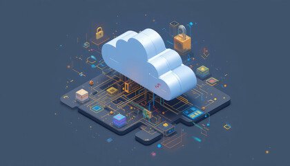 Isometric cloud computing concept with circuit board and security locks illustration design